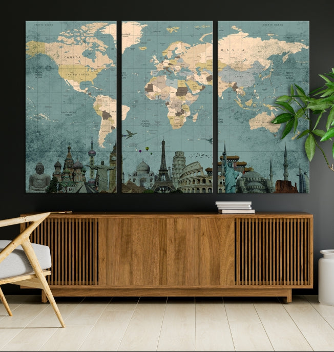 Modern World Map Wall Art World Landmarks World Map Poster Canvas Print