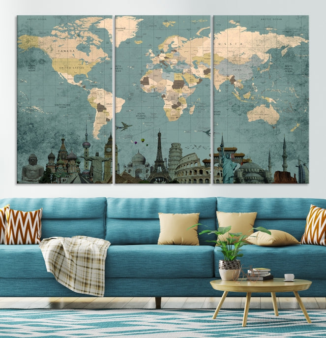 Modern World Map Wall Art World Landmarks World Map Poster Canvas Print