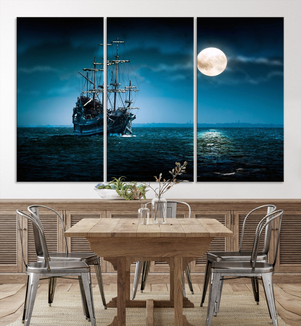 Moon and Ship in Ocean at Night Large Wall Art Canvas Print