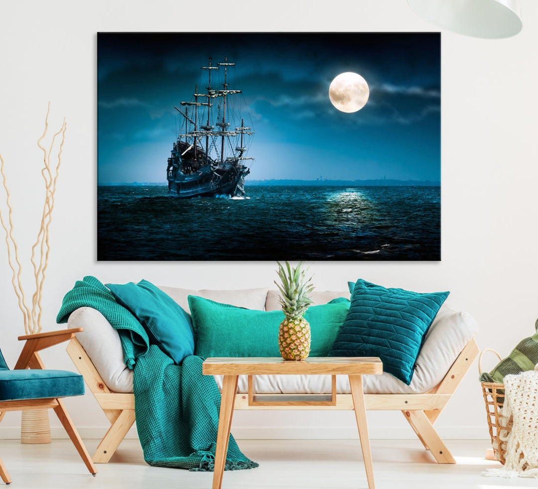 Moon and Ship in Ocean at Night Large Wall Art Canvas Print