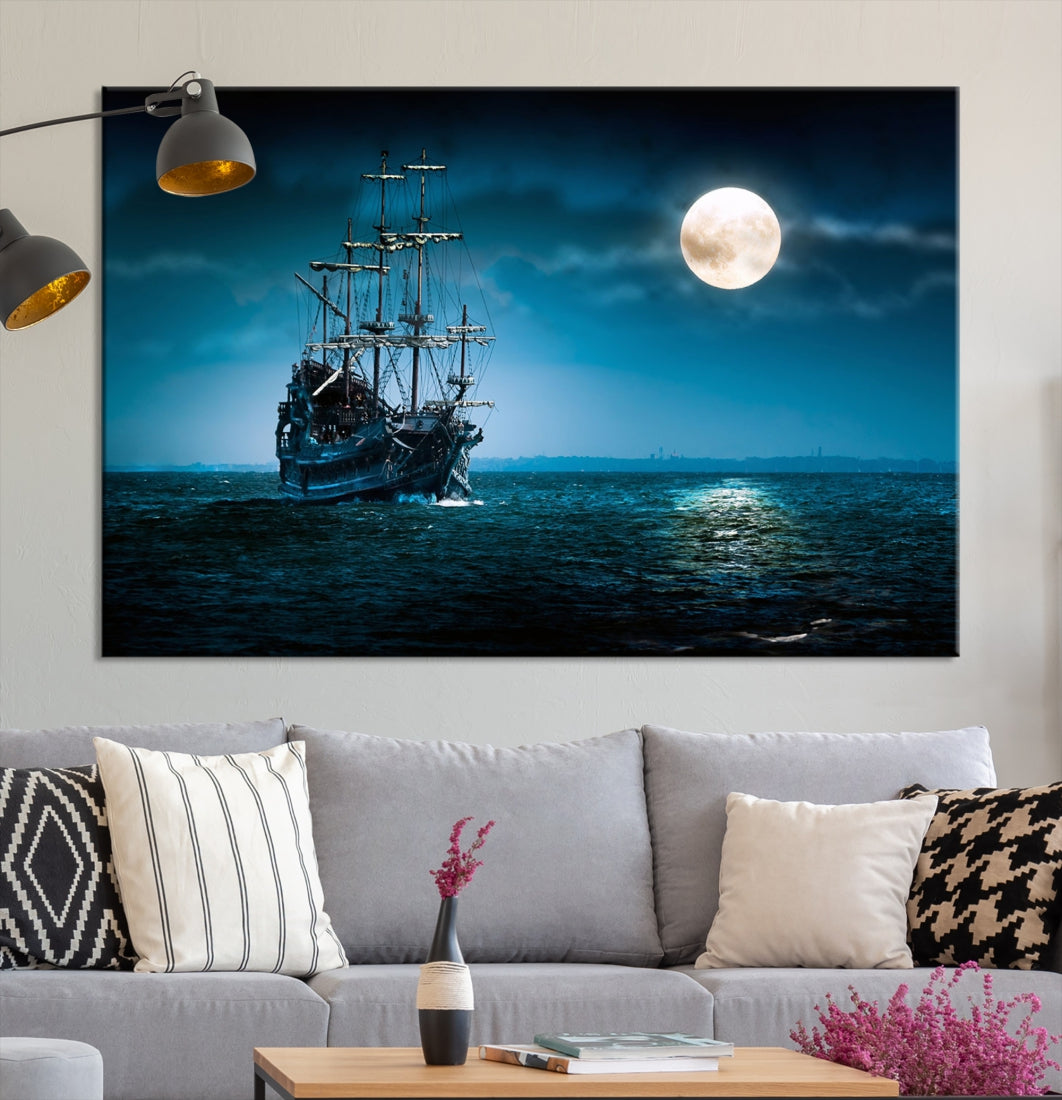 Moon and Ship in Ocean at Night Large Wall Art Canvas Print