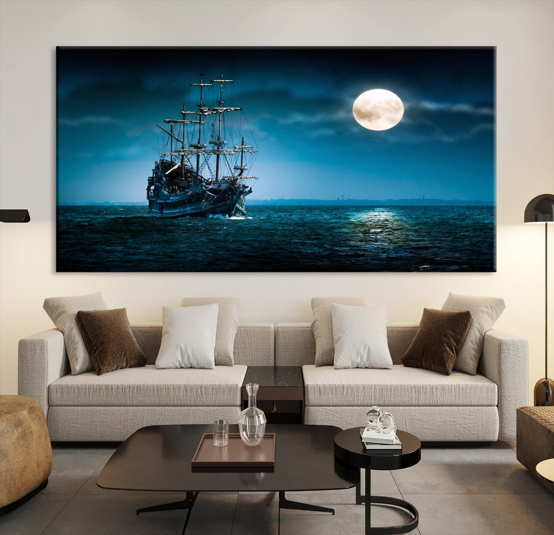 Moon and Ship in Ocean at Night Large Wall Art Canvas Print