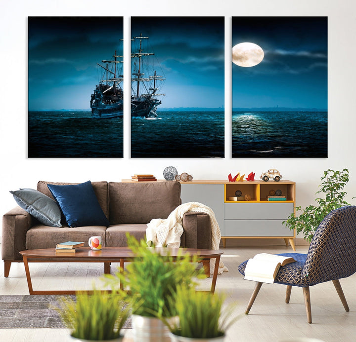 Moon and Ship in Ocean at Night Large Wall Art Canvas Print