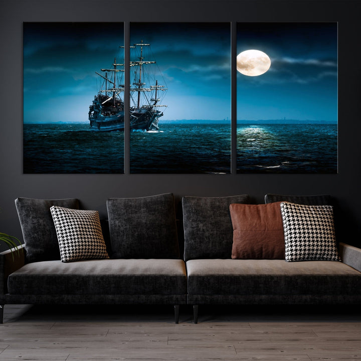 Moon and Ship in Ocean at Night Large Wall Art Canvas Print