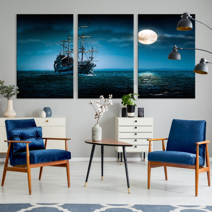 Moon and Ship in Ocean at Night Large Wall Art Canvas Print