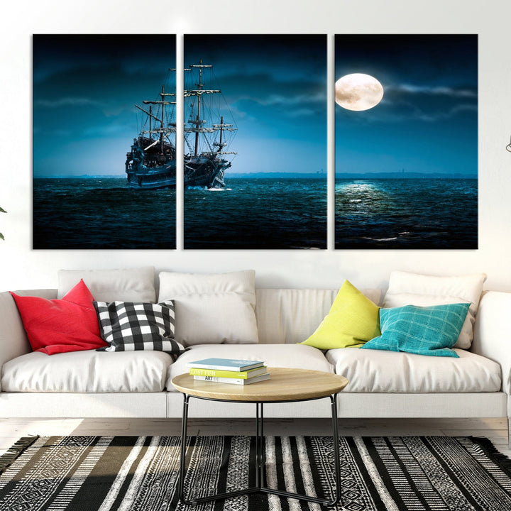 Moon and Ship in Ocean at Night Large Wall Art Canvas Print