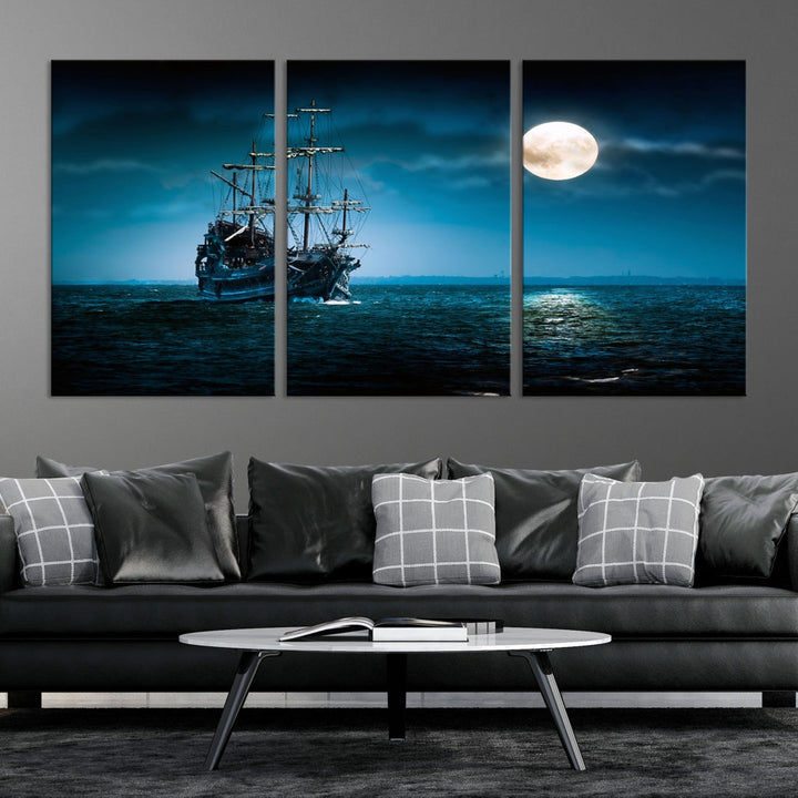 Moon and Ship in Ocean at Night Large Wall Art Canvas Print