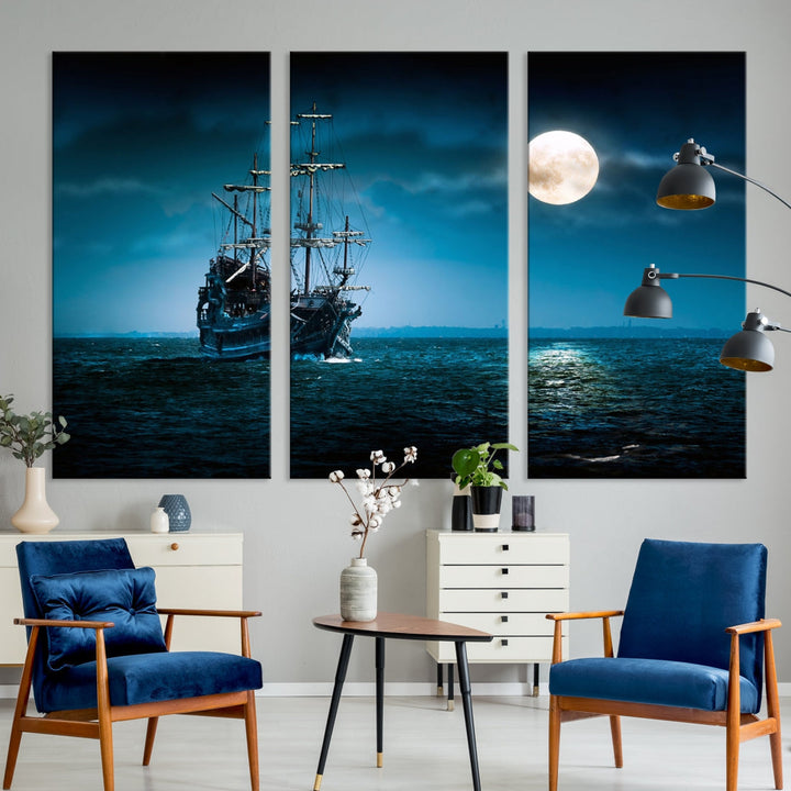 Moon and Ship in Ocean at Night Large Wall Art Canvas Print