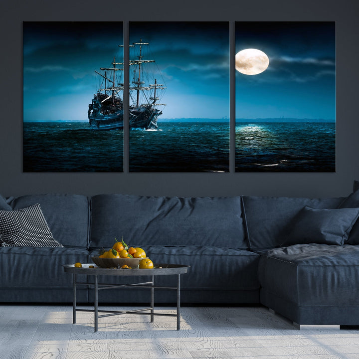 Moon and Ship in Ocean at Night Large Wall Art Canvas Print