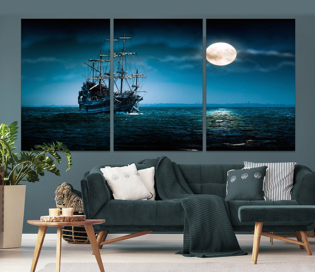 Moon and Ship in Ocean at Night Large Wall Art Canvas Print