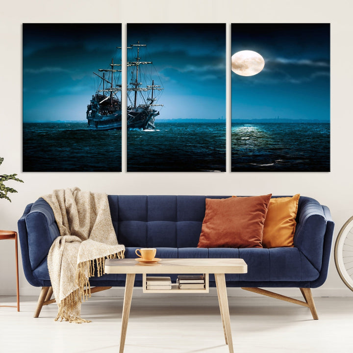 Moon and Ship in Ocean at Night Large Wall Art Canvas Print