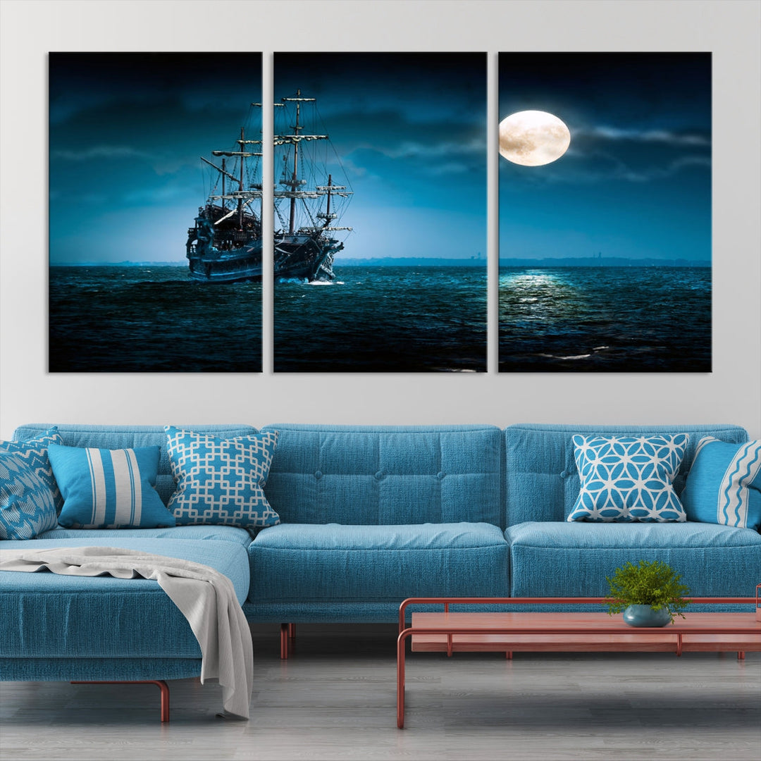 Moon and Ship in Ocean at Night Large Wall Art Canvas Print