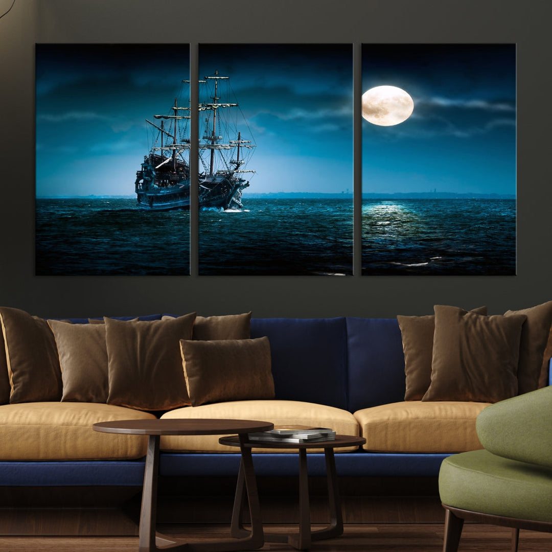 Moon and Ship in Ocean at Night Large Wall Art Canvas Print