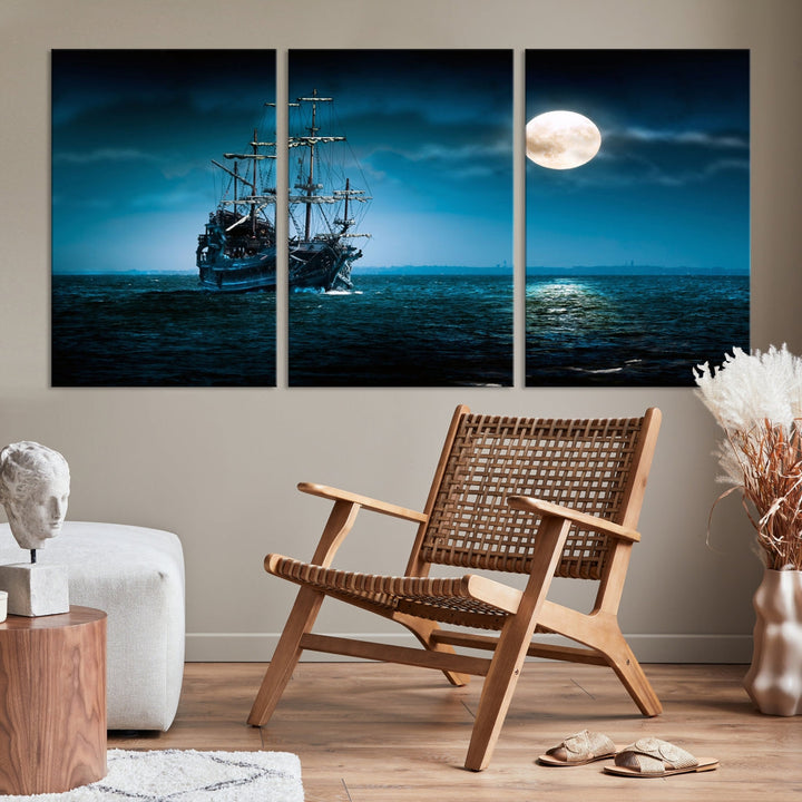 Moon and Ship in Ocean at Night Large Wall Art Canvas Print