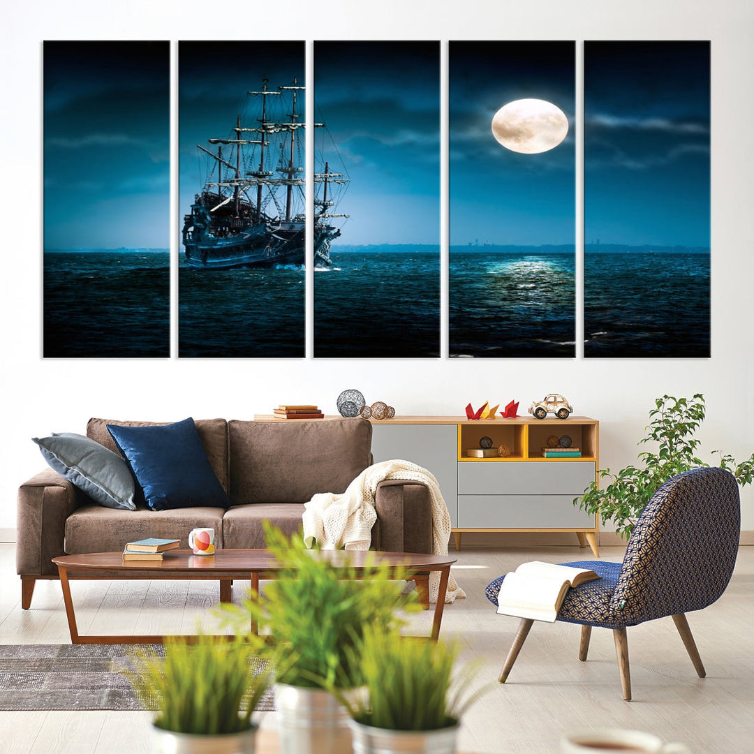 Moon and Ship in Ocean at Night Large Wall Art Canvas Print