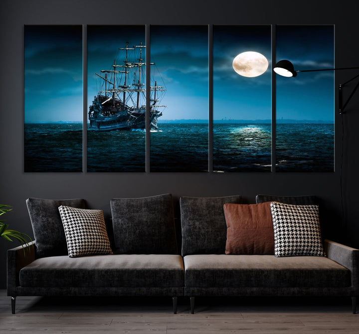 Moon and Ship in Ocean at Night Large Wall Art Canvas Print