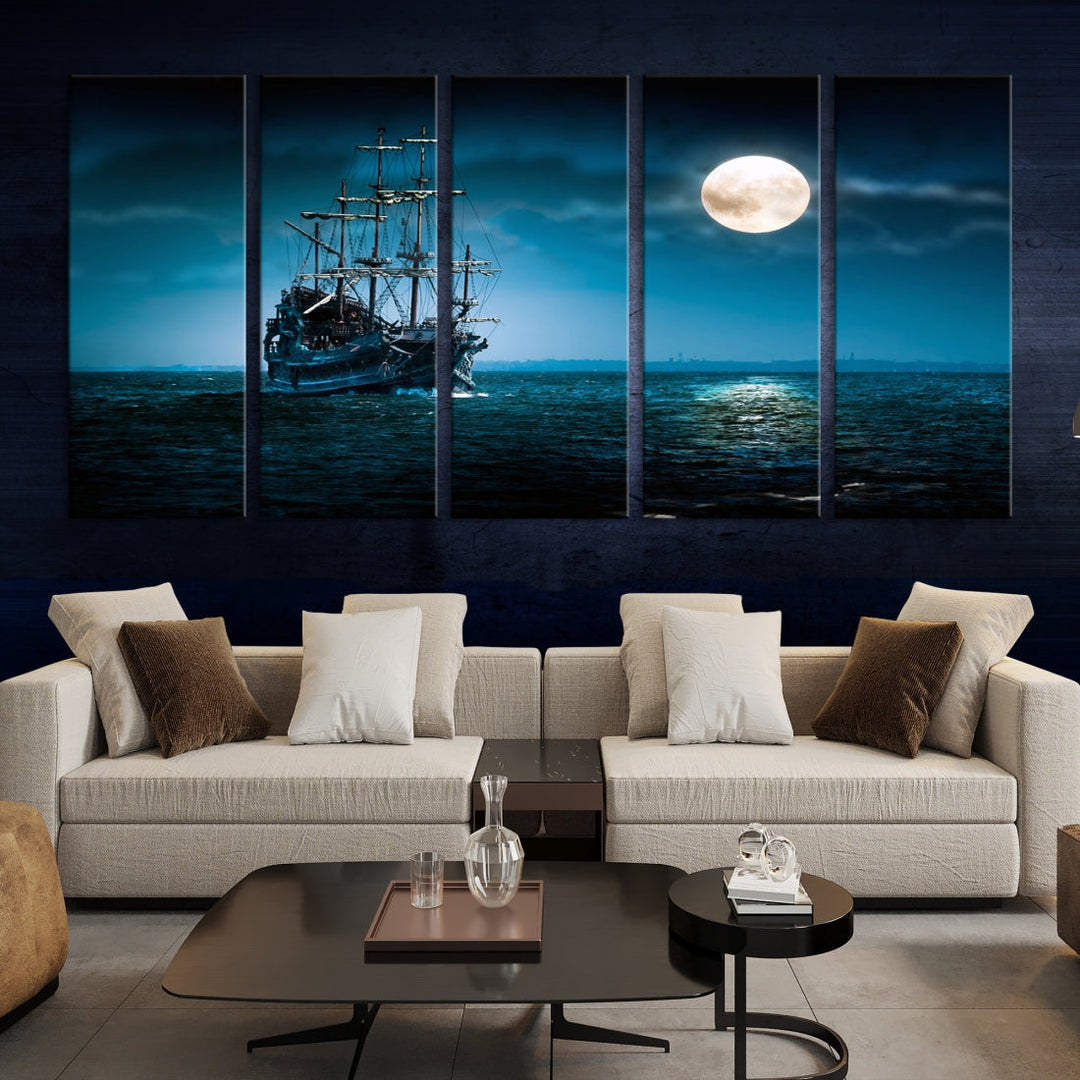 Moon and Ship in Ocean at Night Large Wall Art Canvas Print