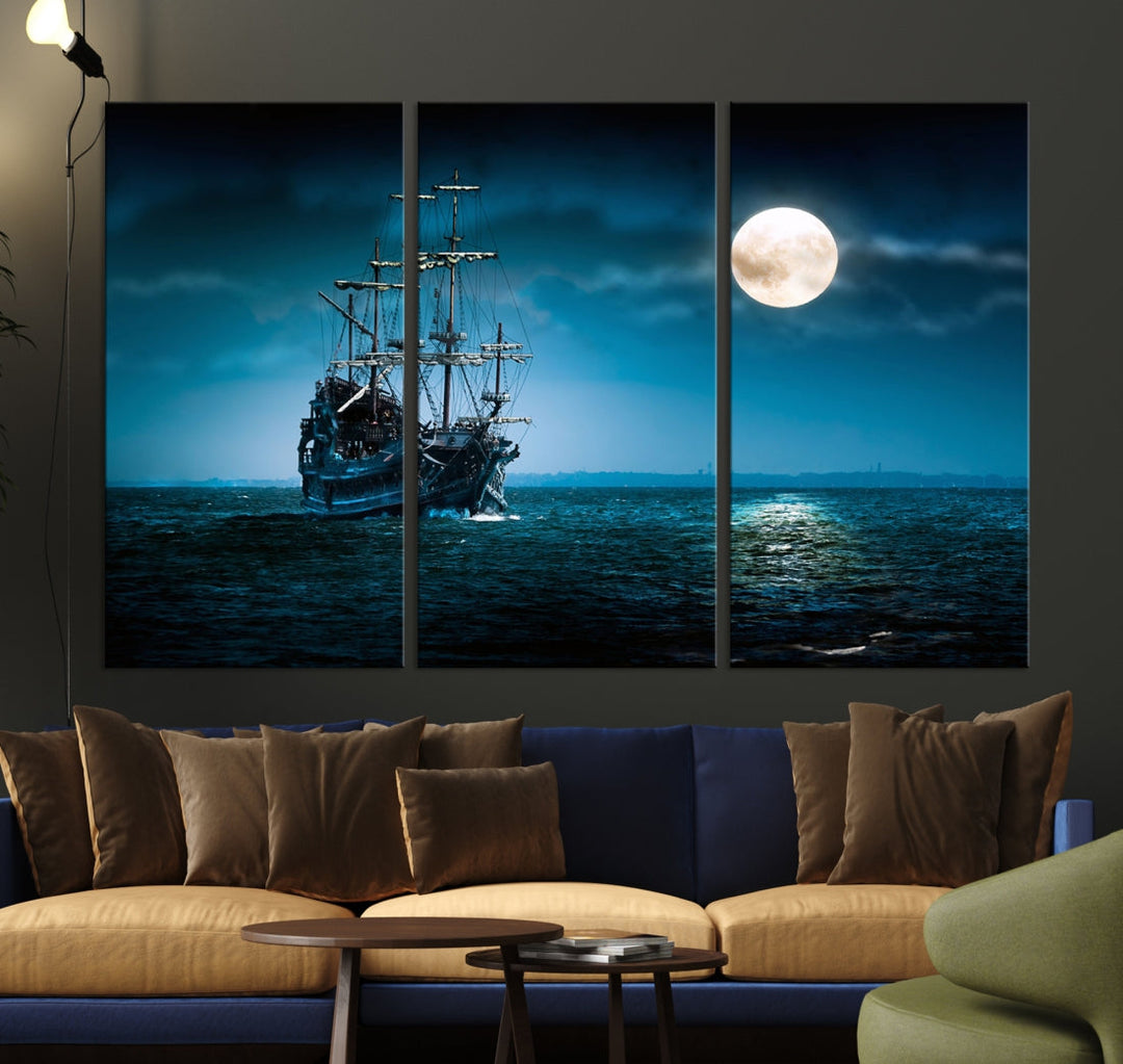 Moon and Ship in Ocean at Night Large Wall Art Canvas Print