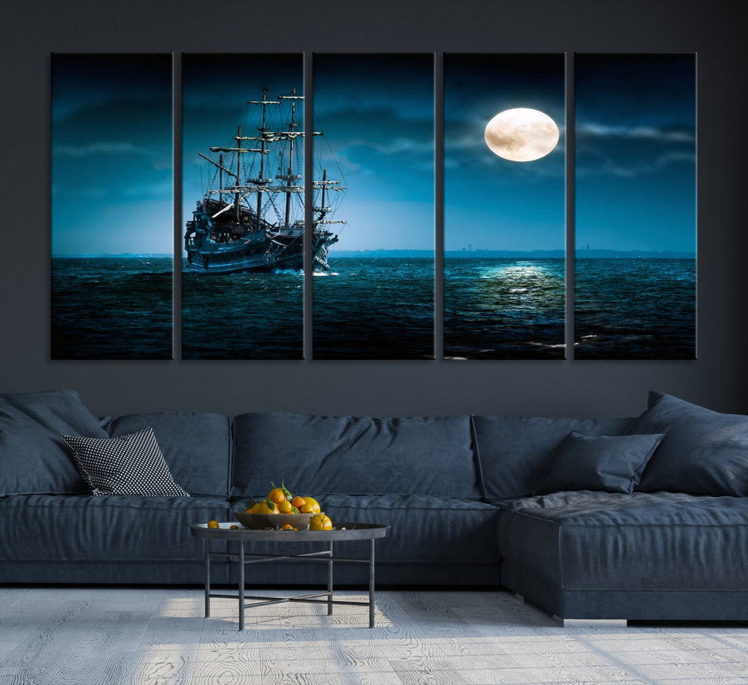 Moon and Ship in Ocean at Night Large Wall Art Canvas Print