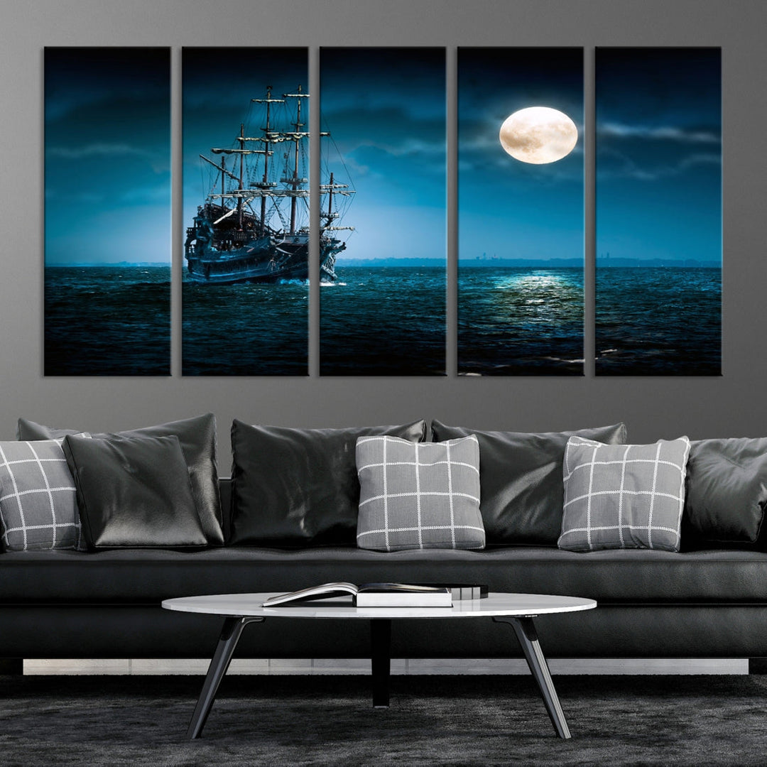 Moon and Ship in Ocean at Night Large Wall Art Canvas Print