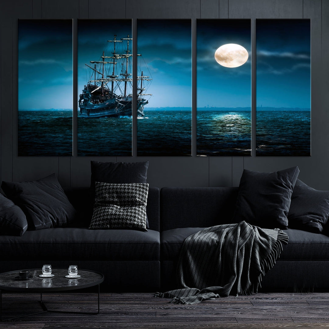 Moon and Ship in Ocean at Night Large Wall Art Canvas Print