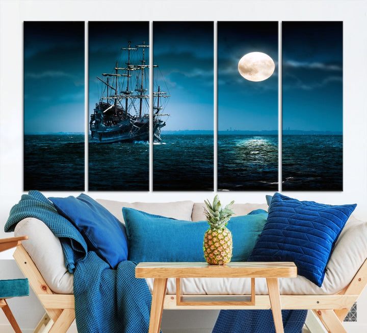 Moon and Ship in Ocean at Night Large Wall Art Canvas Print