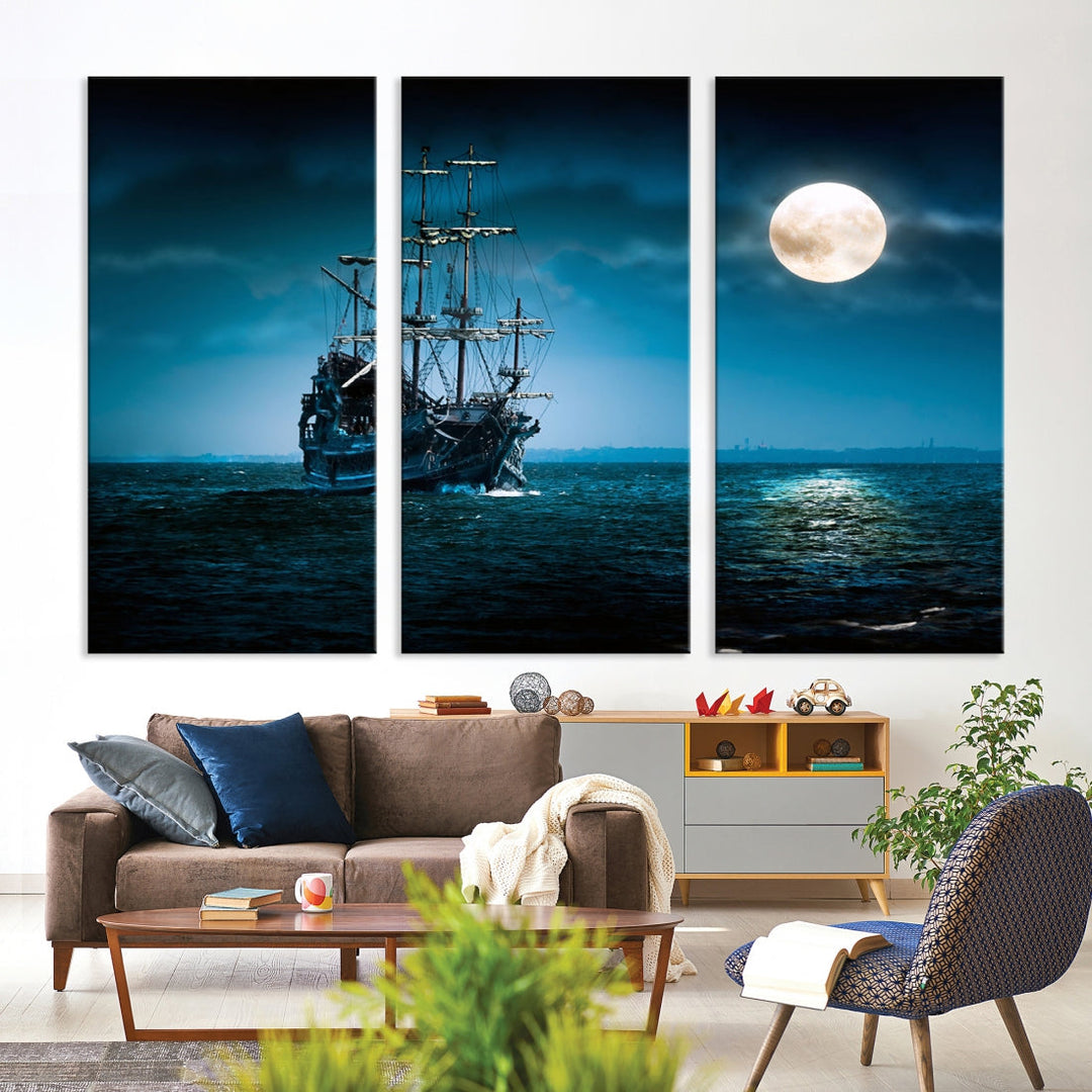 Moon and Ship in Ocean at Night Large Wall Art Canvas Print