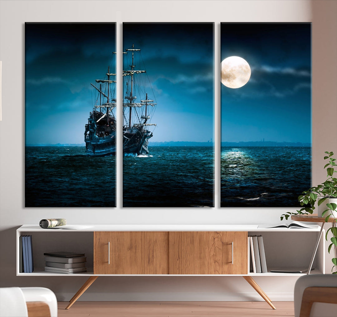 Moon and Ship in Ocean at Night Large Wall Art Canvas Print