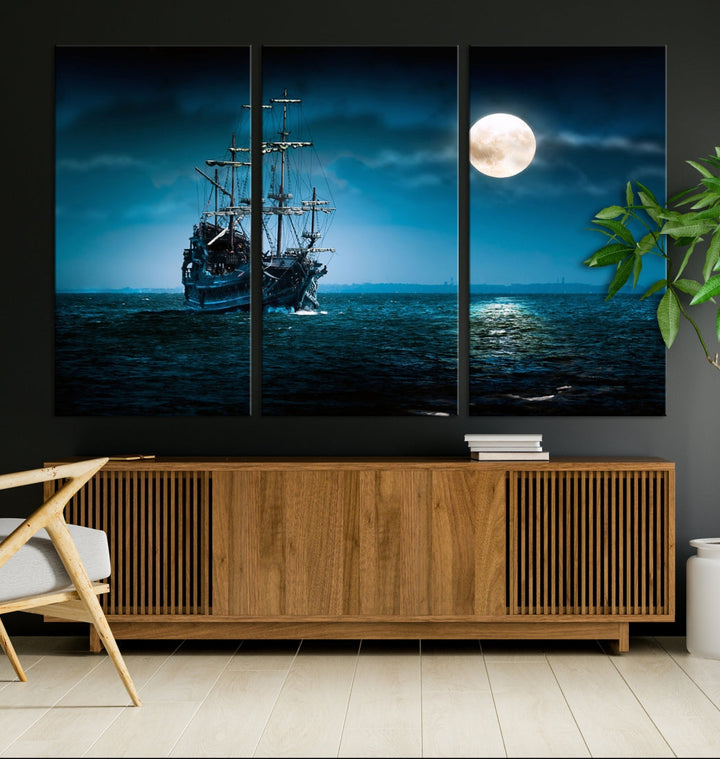 Moon and Ship in Ocean at Night Large Wall Art Canvas Print