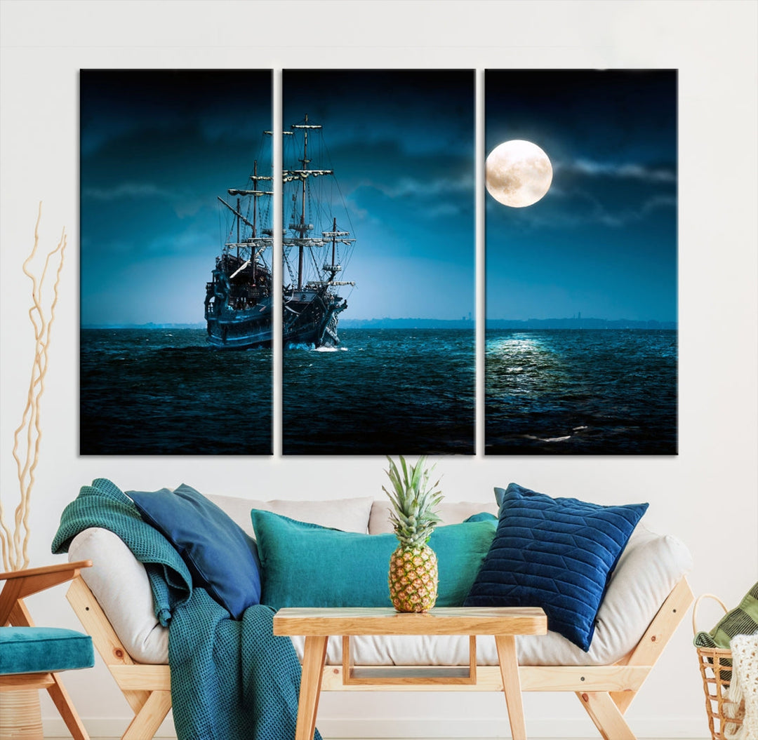 Moon and Ship in Ocean at Night Large Wall Art Canvas Print