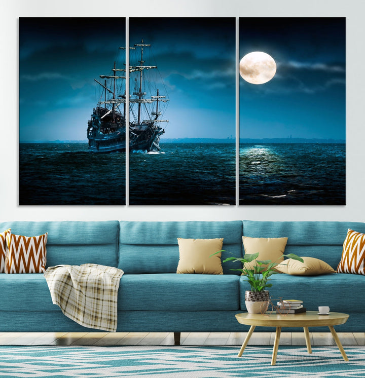 Moon and Ship in Ocean at Night Large Wall Art Canvas Print