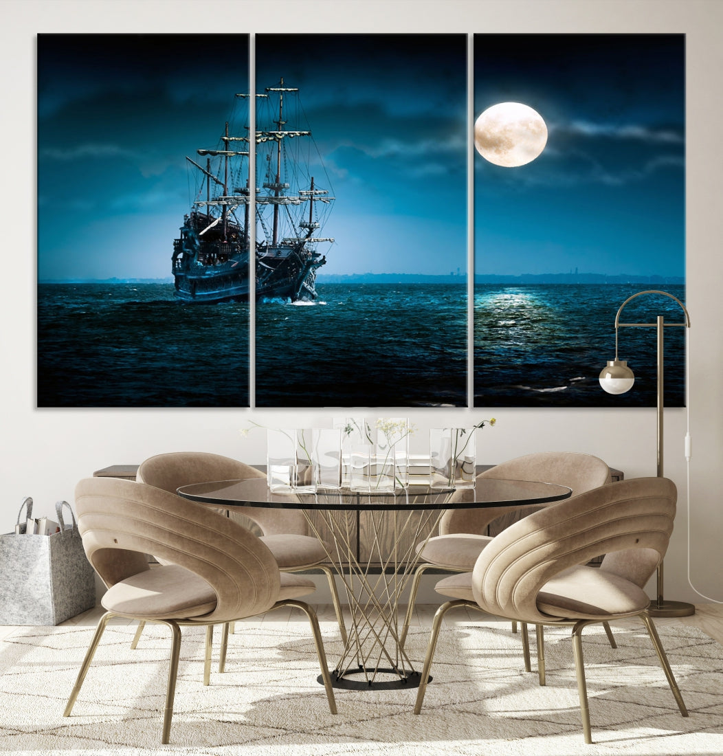 Moon and Ship in Ocean at Night Large Wall Art Canvas Print