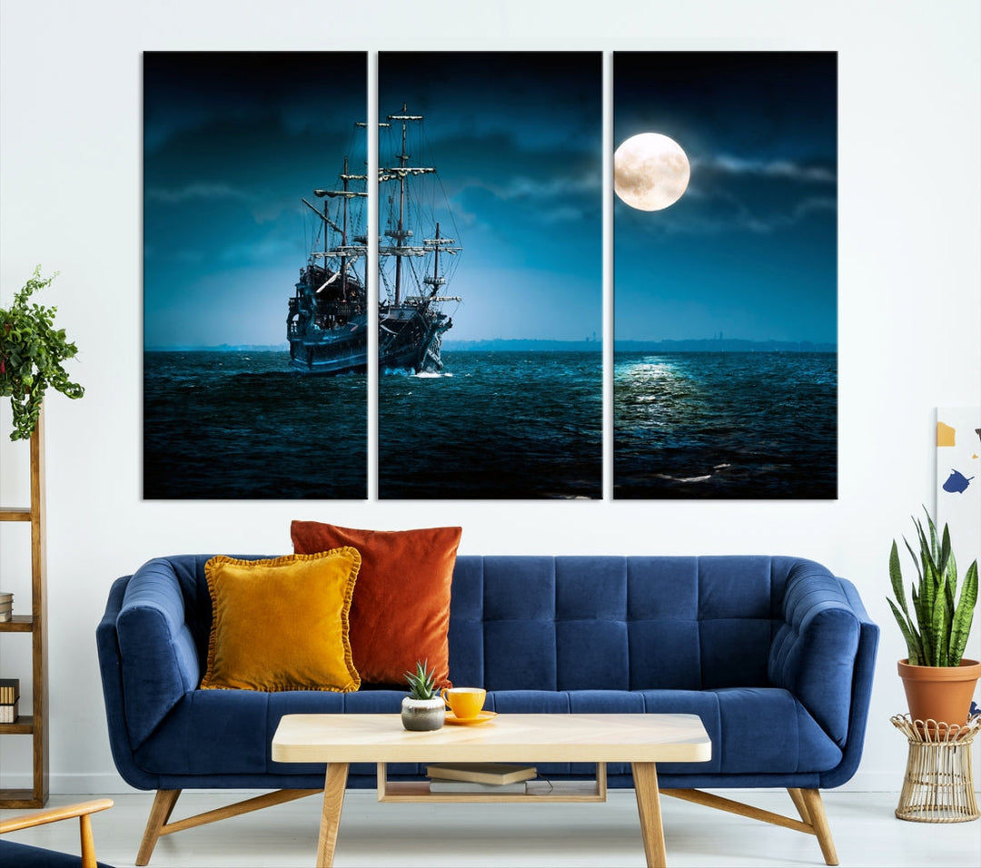 Moon and Ship in Ocean at Night Large Wall Art Canvas Print