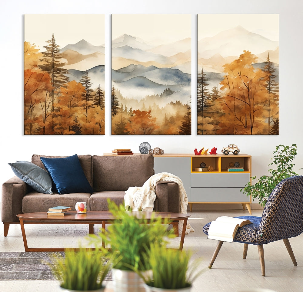 Mountain Forest Painting on Canvas Wall Art Warm Landscape Print Framed Set of