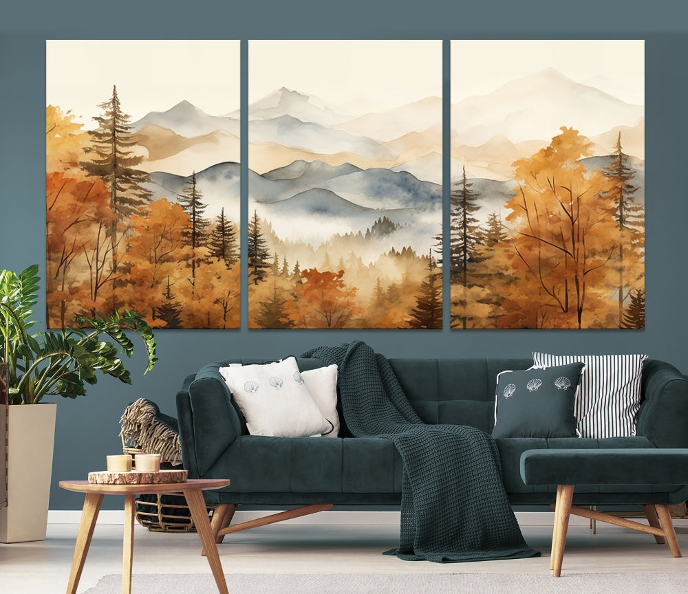 Mountain Forest Painting on Canvas Wall Art Warm Landscape Print Framed Set of