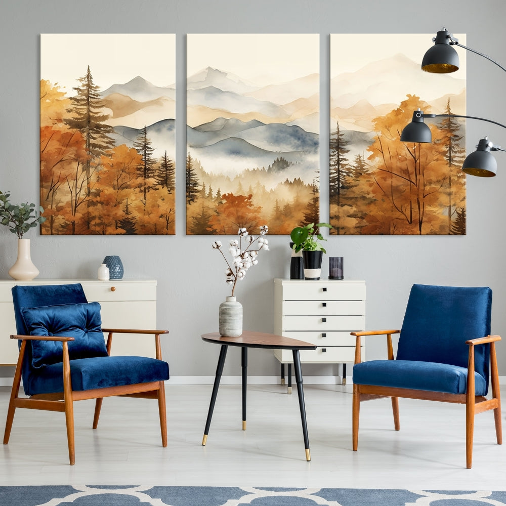 Mountain Forest Painting on Canvas Wall Art Warm Landscape Print Framed Set of