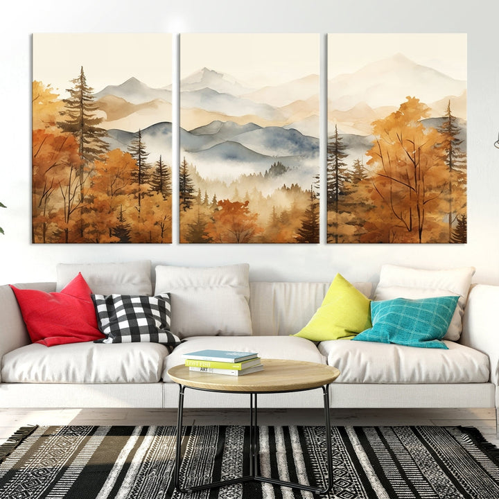 Mountain Forest Painting on Canvas Wall Art Warm Landscape Print Framed Set of