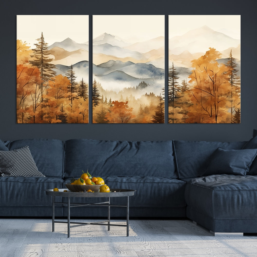 Mountain Forest Painting on Canvas Wall Art Warm Landscape Print Framed Set of