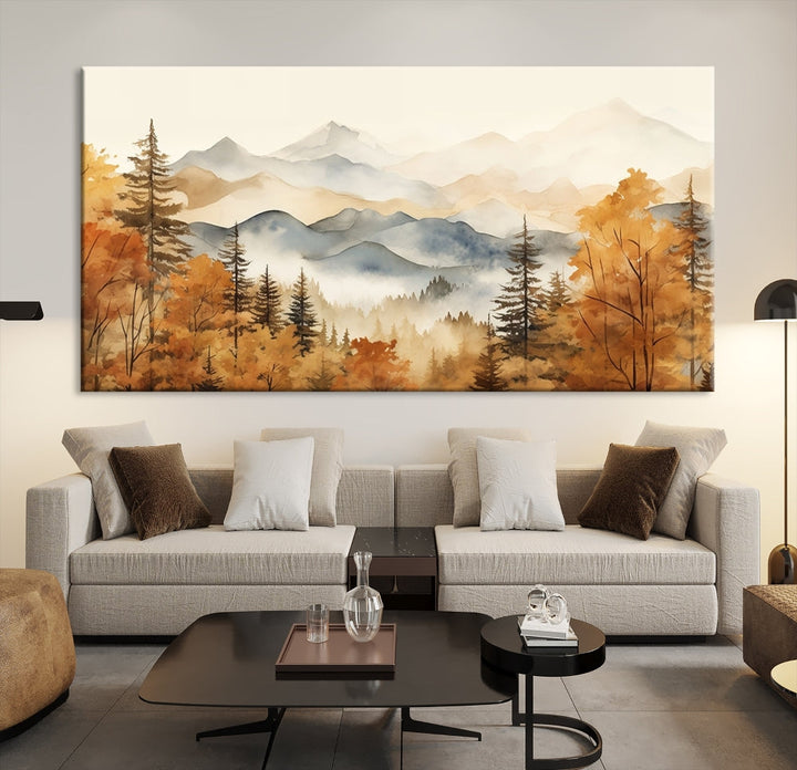 Mountain Forest Painting on Canvas Wall Art Warm Landscape Print Framed Set of