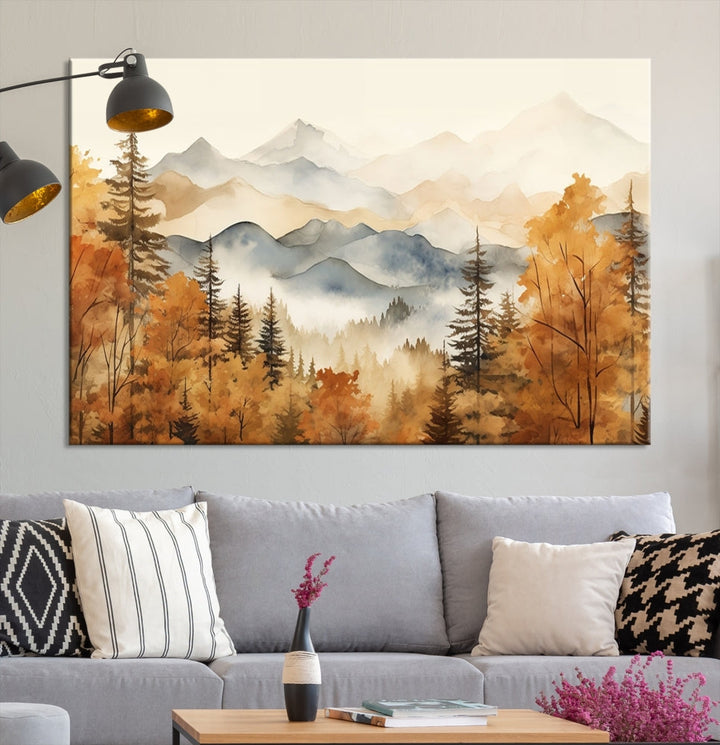 Mountain Forest Painting on Canvas Wall Art Warm Landscape Print Framed Set of