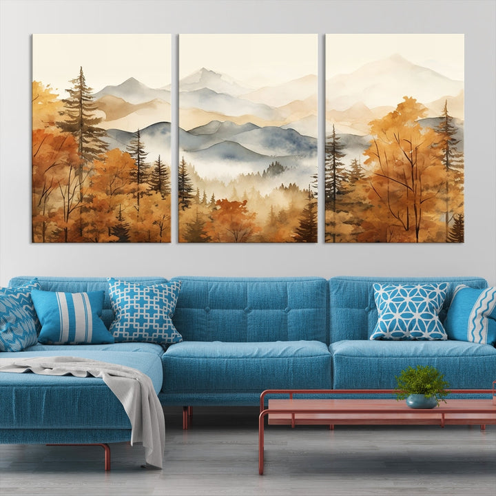 Mountain Forest Painting on Canvas Wall Art Warm Landscape Print Framed Set of