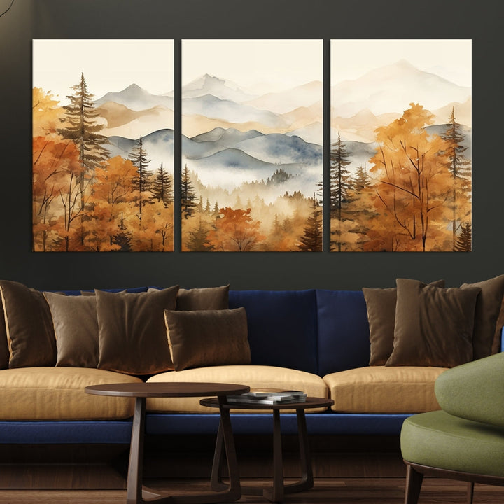 Mountain Forest Painting on Canvas Wall Art Warm Landscape Print Framed Set of