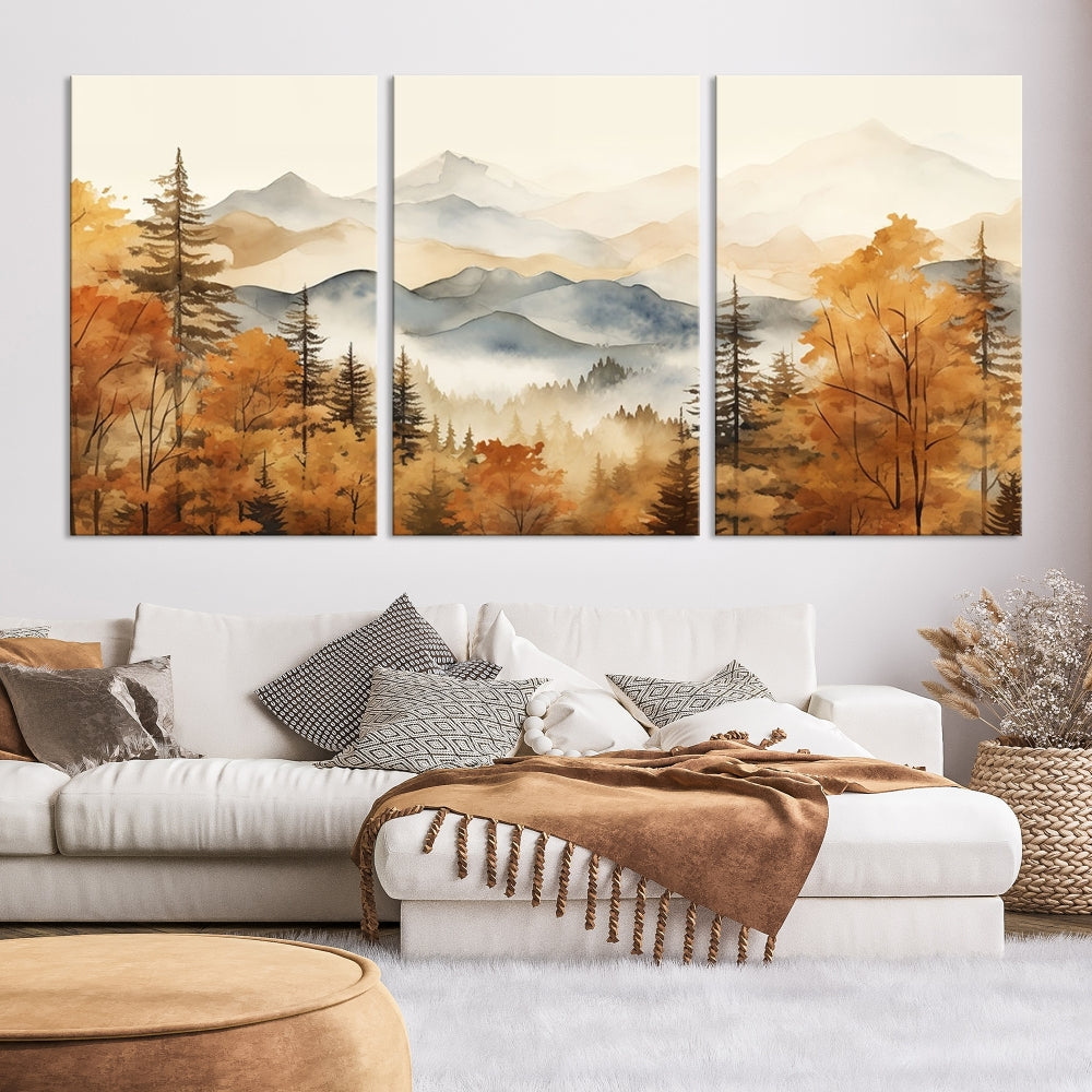 Mountain Forest Painting on Canvas Wall Art Warm Landscape Print Framed Set of