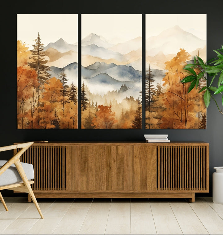 Mountain Forest Painting on Canvas Wall Art Warm Landscape Print Framed Set of