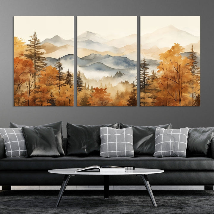 Mountain Forest Painting on Canvas Wall Art Warm Landscape Print Framed Set of