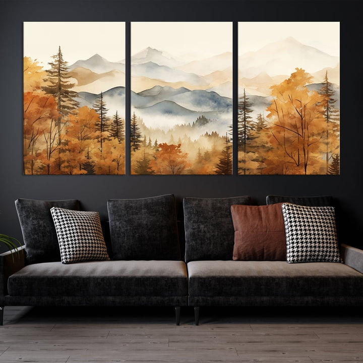 Mountain Forest Painting on Canvas Wall Art Warm Landscape Print Framed Set of