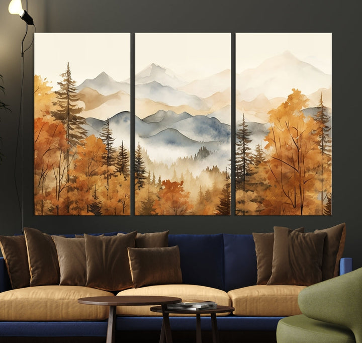 Mountain Forest Painting on Canvas Wall Art Warm Landscape Print Framed Set of