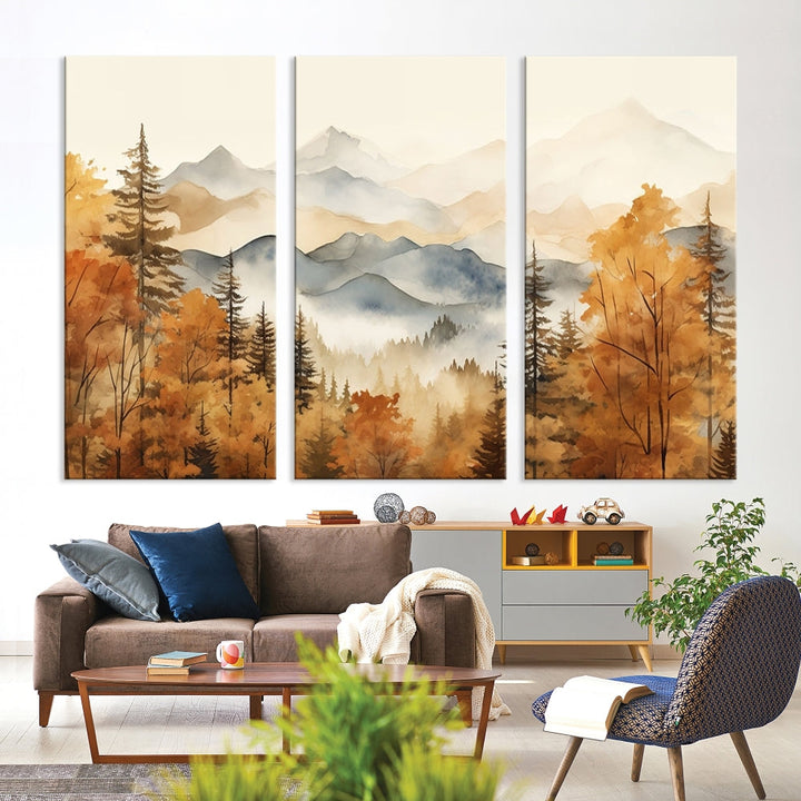 Mountain Forest Painting on Canvas Wall Art Warm Landscape Print Framed Set of