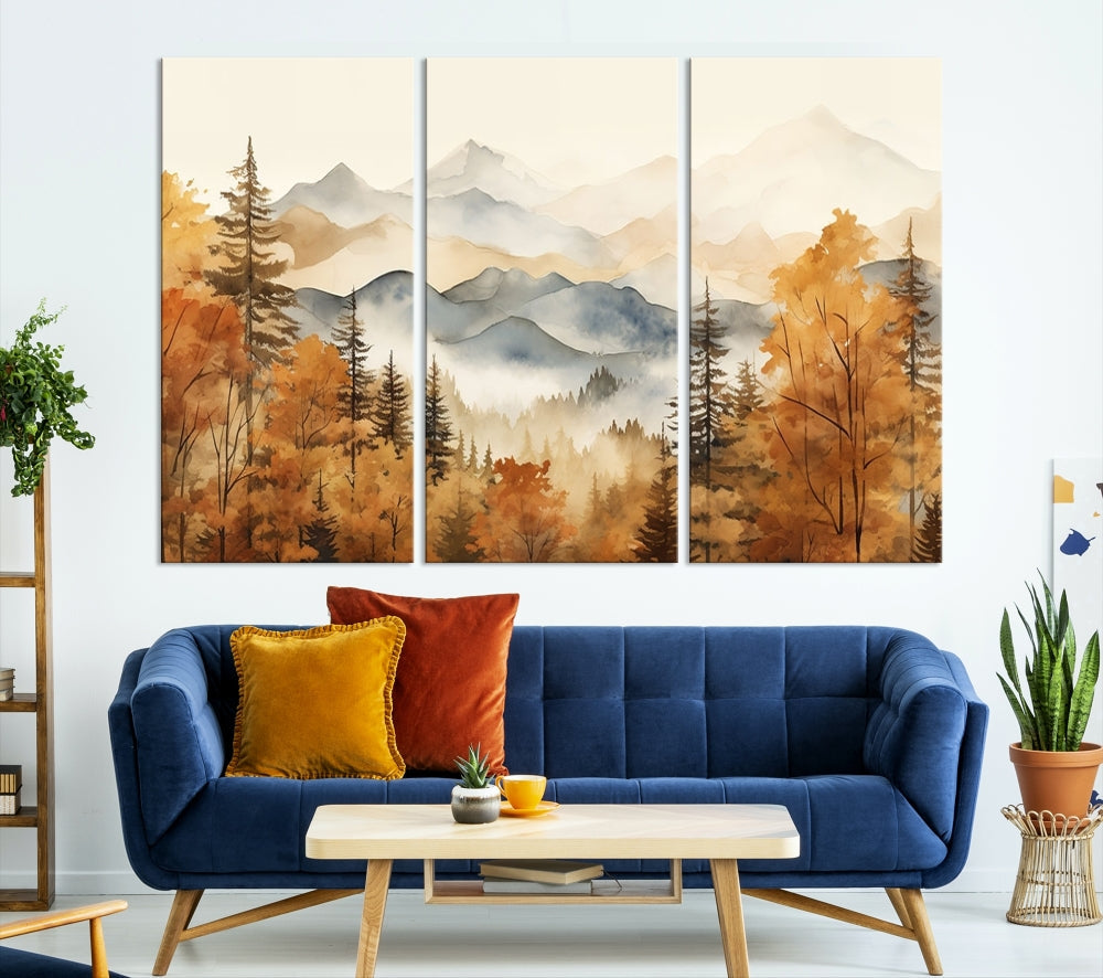 Mountain Forest Painting on Canvas Wall Art Warm Landscape Print Framed Set of