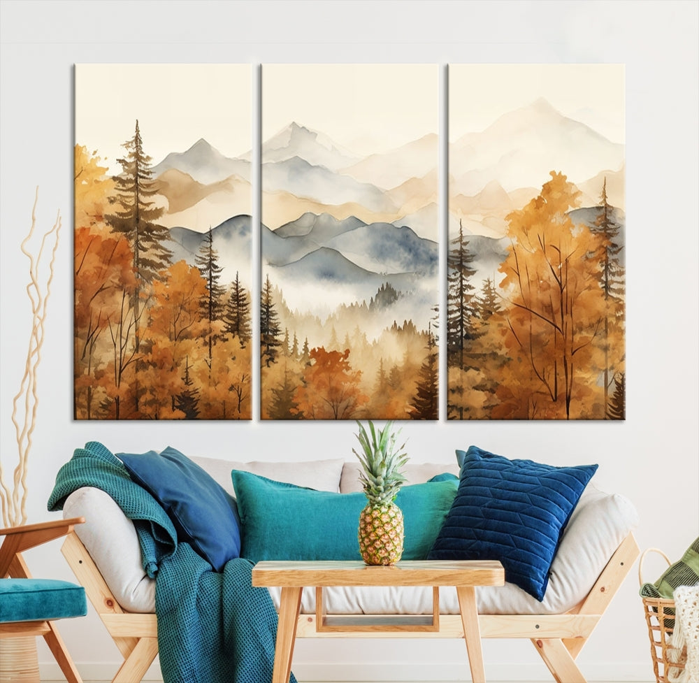 Mountain Forest Painting on Canvas Wall Art Warm Landscape Print Framed Set of